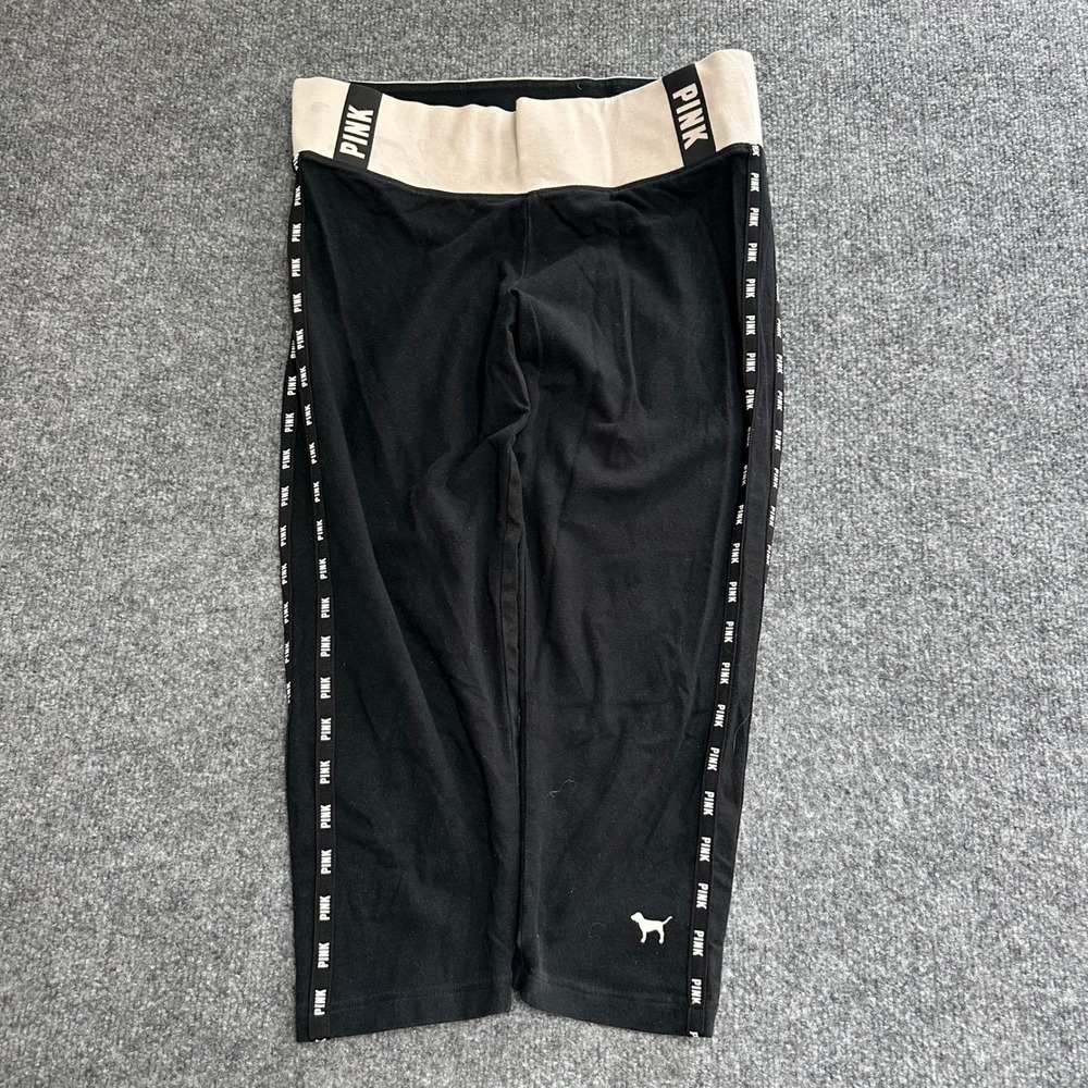 Pink Yoga Leggings Womens Size M Black Logo Tape Cropped Athletic Stretch Pants